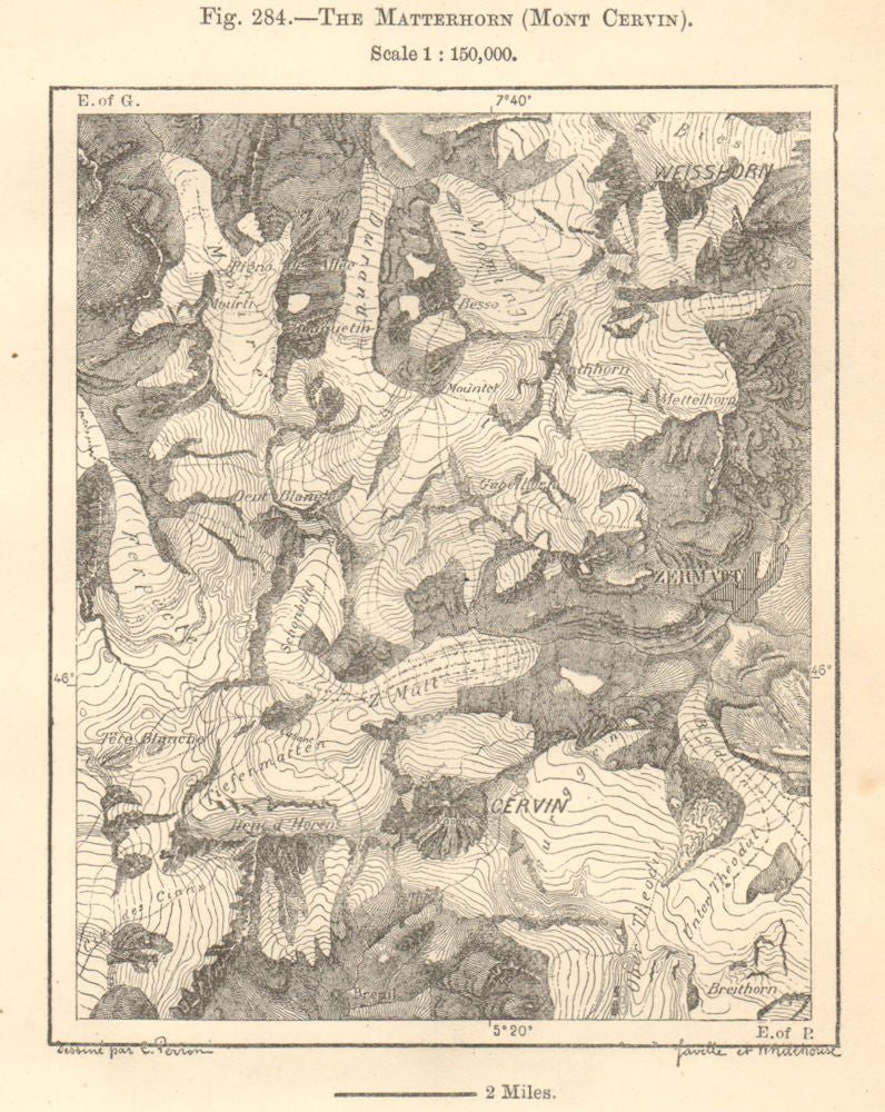 The Matterhorn (Mont Cervino). Zermatt environs. Switzerland. Sketch map 1885